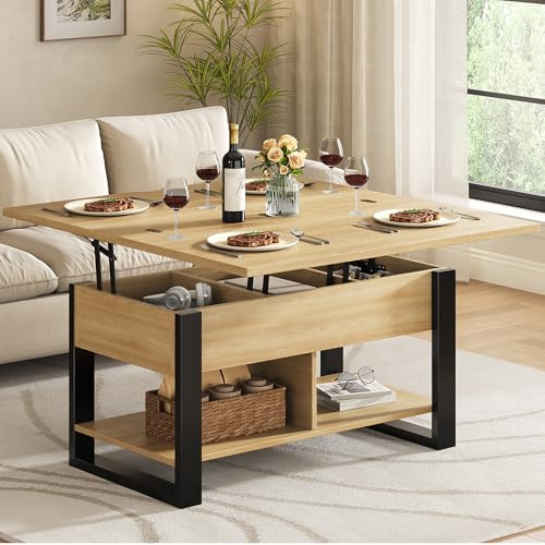 Hizyrina Couchtisch Höhenverstellbar und Ausziehbar, 4-in-1 Wohnzimmertisch Höhenverstellbar Holz, Rechteckiger Couchtisch Aufklappbar mit Stauraum, Wandelbar zum Esstisch, Eiche Natur