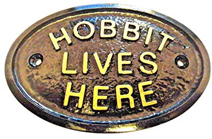 Wandschild für Haus/Gartenwand, Motiv „Hobbit Live Here“, Schwarz mit goldfarbenem Schriftzug