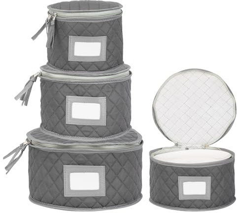 StackStorePlusMore Fine China Storage - Set of 4 Quilted Cases for Dinnerware Storage. Sizes: 12 - 10 - 8 and 7 Wide - Gray - 48 Felt Plate Separators Included