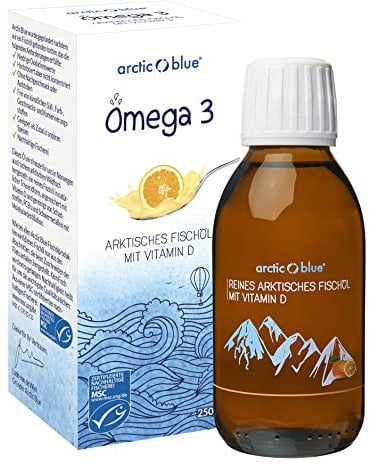 Arctic Blue Omega 3 Fischöl – 150 ml flüssig – MSC-Zertifiziert – hochdosiert mit DHA, EPA und Vitamin D – ohne Aufstoßen oder Fischgeruch – arktisches Fischöl – Orangengeschmack