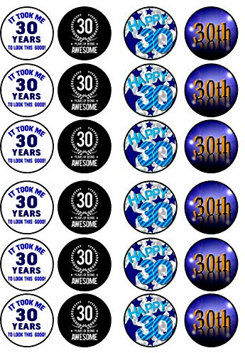 30th Birthday Edible Cupcake Toppers - Blue 30 Wafer Cake Decorations, 24 x 4cm/1.5 Inch Uncut Discs