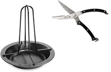 FMprofessional Set Hähnchen, Edelstahl-Geflügelschere, Fleischschere zum Tranchieren, Hähnchengriller aus Karbonstahl, mit Antihaftbeschichtung und Abtropfschale (Farbe: Schwarz), Menge: 1 x 2er Set