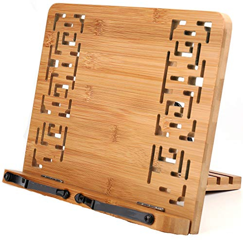 Lawei Support de livre en bambou avec motif rétro creux élégant, Pose Livre Réglable pour Cuisine, Bureau, Livres, Tablette et PC