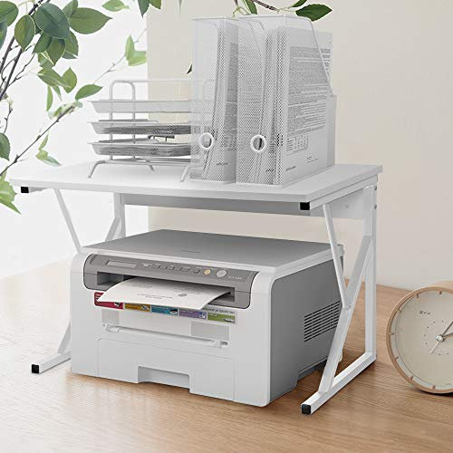 BOJU Home Office 2 Tier Unit Storage Display Stand White Kitchen Microwave Countertop Oven Rack Office Desktop Printer Rack Shelves Free Standing Metal Frame Wood Tabletop