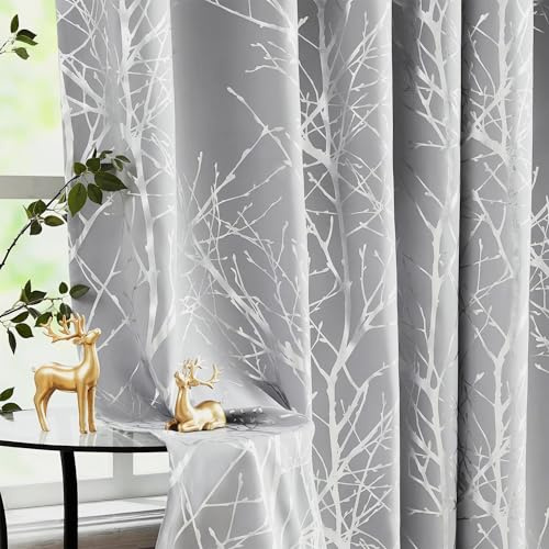 FMFUNCTEX 100% Verdunkelungsvorhänge für Schlafzimmer, 244 cm lang, Silber auf grauem Baumvorhang für Wohnzimmer, Silberfolie, Raumverdunkelung, wärmeisolierter Zweigvorhang, 2 Paneele mit Ösen Oben