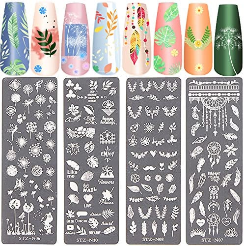 NICENEEDED Nail Art Stamping Plates Image Template Included 4 Pcs Nail Plates Nail Stamp Templates with Leaves Dreamcatcher Feather Dandelion Patterns Image Plates for DIY Nail Design