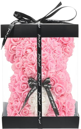 Rose Bär, Rosenbär Geschenk für Frauen, Rose Flower Bär Handgemachter Teddybär, Rosenblumenbär mit Geschenkbox, Weihnachten Geschenk für Sie, Valentinstag, Geburtstag, Muttertag, Jubiläum, Hochzeit