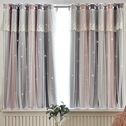 Michorinee Vorhang Kinderzimmer Blickdicht Gardinen Mädchen Hohle Sterne Farbverlauf Verdunkelung mit Ösen Spitze Voile Grau Rosa für Mädchenzimmer, 1 Stücke 158 × 132cm (H × B)