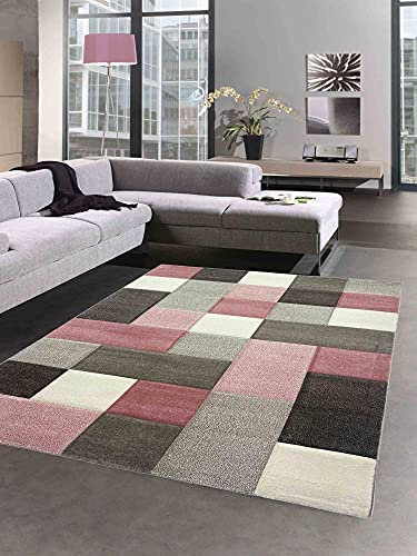 CARPETIA Tappeti da Design per Salotto con Design a Quadri in Crema Rosa Grigio Größe 160x230 cm