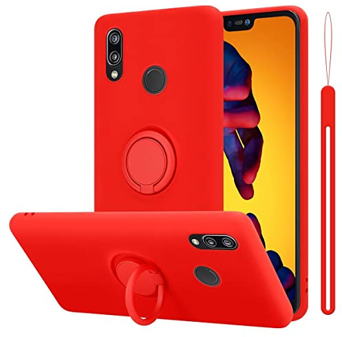 Cadorabo Hülle kompatibel mit Huawei P20 LITE 2018 NOVA 3E Schutzhülle TPU Silikon Case Liquid Design mit Ring Slim Liquidsilikon Microfaser Case Hülle für Huawei P20 LITE 2018 NOVA 3E in Rot