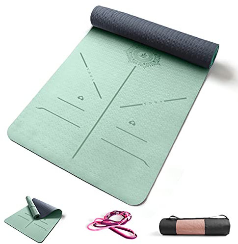 FP-TECH TAPPETINO DA YOGA IMBOTTITO ANTISCIVOLO FITNESS PILATES GINNASTICA IN TPE MAT CON SACCA 183 X 68 X 0.8 CM (Verde Acqua-Grigio)
