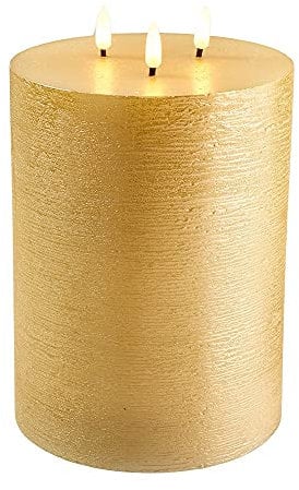 Klocke Dekorationsbedarf Edle Mehrdocht LED Kerze mit rustikaler Oberfläche - Timer & Realistisch Flackernd - Echtwachs Dreidochtkerze/Mehrdochtkerze (Höhe 20 cm/Ø 15 cm, Gold)