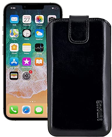 Suncase ECHT Leder Tasche kompatibel mit iPhone 13 PRO (6,1 Zoll) mit ZUSÄTZLICHER Transparent Hülle | Schale | Silikon Bumper Handytasche (mit Rückzugsfunktion und Magnetverschluss) in schwarz