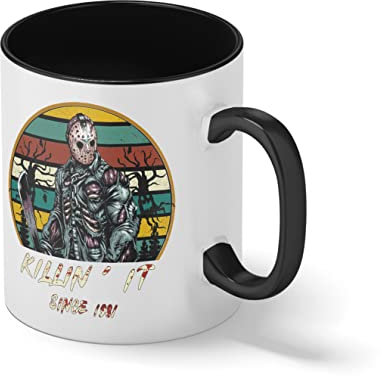 Halloween Jason Voorhees Mask Friday 13 Killin' it sine 1981 White Coffee Mug with Black Rim & Handle