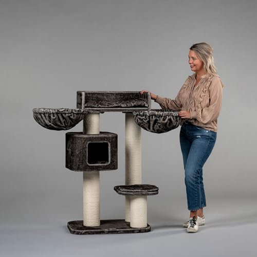 RHRQuality Cat Tree for Large Cats - Devon Rex Plus – 120 cm High – With 15 cm Sisal Posts & Playhouse – Taupe