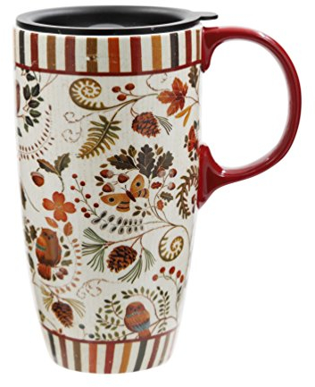 Topadorn Ceramic Mug Sealed Coffee Cup with Sealed Lid,17oz.Pinecone, Butterfly and Owl