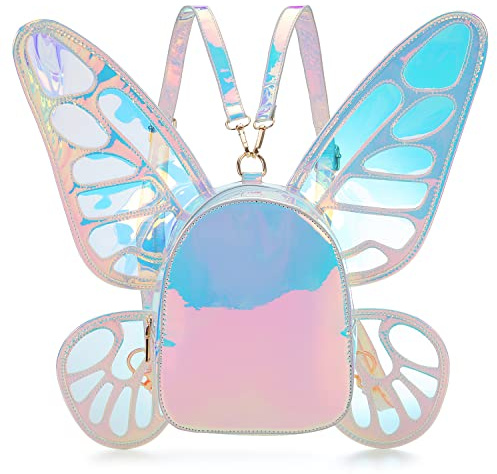 ENJOININ Women's Laser Holographic Backpack Butterfly Angel Wings Casual Daypack Fairy Wings Backpack for Women