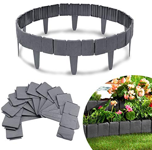 UISEBRT Bordures de Jardin 5 m Bordure de pelouse en Plastique Bordure de Gazon Clôture Effet, Aspect Pierre, Décoration de Jardin, 1 élément (L x H): 25 cm x 23 cm - Antracite