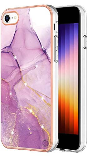 Knoowcase for iPhone SE 2020 Case SE 2022 Case iPhone 8 Phone Case iPhone 7 Marble Silicone Shockproof Glitter Plated Gold Edges Protective Flexible TPU Skin Bumper Cover Girls Women, Dark Purple