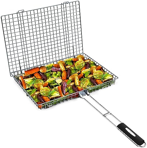 Gemüse-Grillkorb für Outdoor-Grill – Premium-Edelstahl-Grillkorb für Fisch, Garnelen, Grill, tragbar, groß, zusammenklappbar, Grillkörbe für Outdoor-Grill, Gemüse mit abnehmbarem Griff