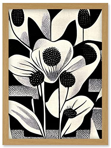 Wee Blue Coo Monochrome Black White Abstract Retro Flower Pattern Artwork Framed Wall Art Print A4