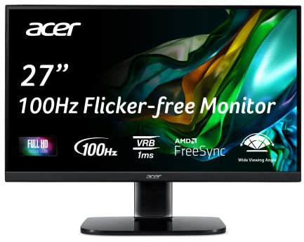 Acer KB272 EBI 27 IPS Full HD (1920 x 1080) Zero-Frame Gaming Office Monitor | AMD FreeSync Technology | Up to 100Hz Refresh | 1ms (VRB) | Low Blue Light | Tilt | HDMI & VGA Ports,Black