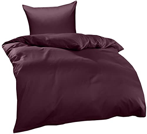 Bettwaesche-mit-Stil Mako Interlock Jersey Bettwäsche Garnitur Uni/enfarbig 100% Baumwolle 135x200 + 80x80 cm, Brombeer