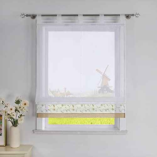 CORLIF Raffrollo mit Blumenmuster Bestickte Raffgardine Küche Modern Schlaufenrollo Leinenoptik Transparente Rollo Kurz Fenster Schal Landhaus mit Schlaufen B/H 100/150 cm Sand