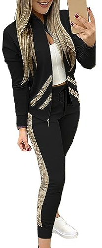 Jogginganzug Damen Pailletten Trainingsanzug Zweiteiler Bomberjacke + Slim Hose Set Stehkragen Zipper Jacke Tracksuit mit Glitzer Fashion Sportanzug Streetwear Lässige Hausanzug (Schwarz, XL)