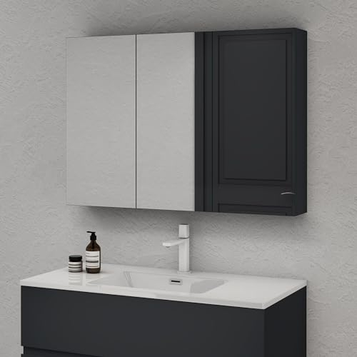 doporro Armoire Murale Salle de Bains avec Miroir Placard de Rangement Étagères Réglable Anthracite Mat en Bois Armoire de Toilette 3 Portes 100x15x70 cm Spiegelschrank 02