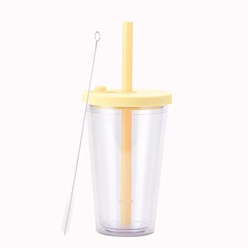 soulnioi Boba Glass Cup with Straw and Lid, 450ml Insulated Tumbler Bubble Tea Cup (Yellow)