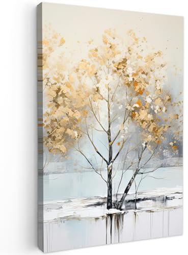 MuchoWow© Wandbilder 40x60 cm Wohnzimmer Wanddeko Schlafzimmer Zimmerdeko Fotowand Zimmer Deko auf Wand Dekoration Wall Art Baum - Herbst - Gold - Winter