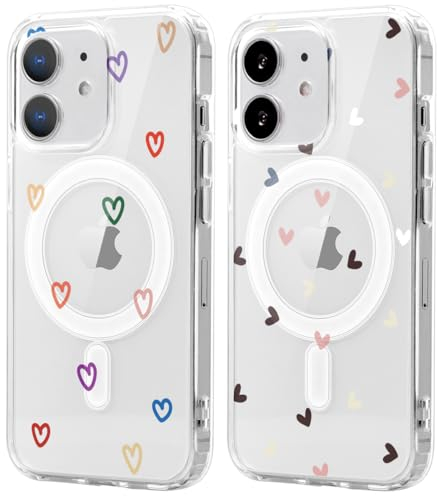 Xylota 2 Stück Magnetisch Hülle für iPhone 12 Mini 5.4 '' [Kompatibel mit MagSafe], Mädchen Aesthetic Muster Design Klare Handyhülle, Transparent TPU Stoßfeste Schutzhülle für iPhone 12 Mini, Liebe
