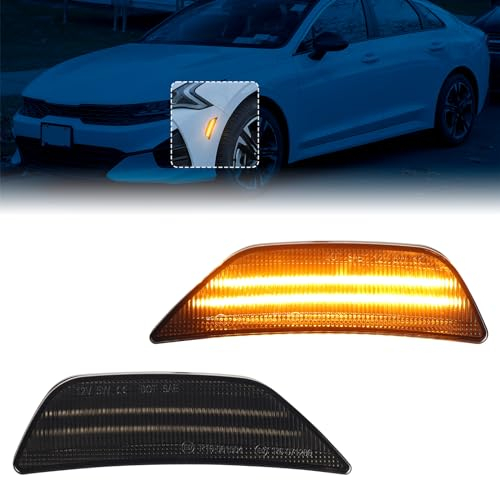 FetonAuto Full LED Bumper Side Marker Lights for Kia 2021-2024 Gen5 K5, Clear Smoked Lens Amber Front Corner Reflector Lamp Kit