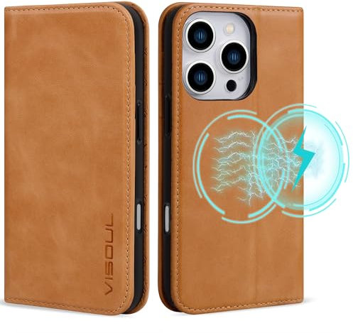 VS VISOUL Hülle für iPhone 16 Pro,Schutzhülle Echt Leder Schützt vor Stoß Kartenfach Magnetverschluss Stand klappbar handyhülle Handytasche Etui Case Braun A