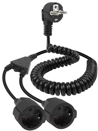 RIIEYOCA Câble d'Extension en Spirale avec 2 Prises, Prise 16A / 250V à 90 Degrés sur 2 Prises Contact de Protection Câble en Spirale, pour Une Utilisation en Extérieur ou en Intérieur (1,7M)