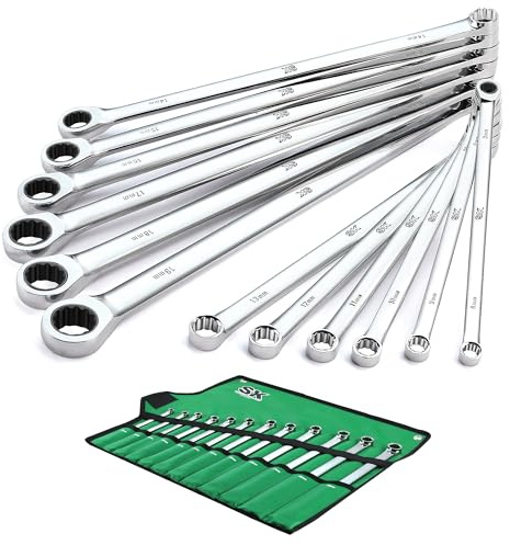 SK Extra Long Ratcheting Wrench Set, Double Box End, Metric 8 to 19 mm