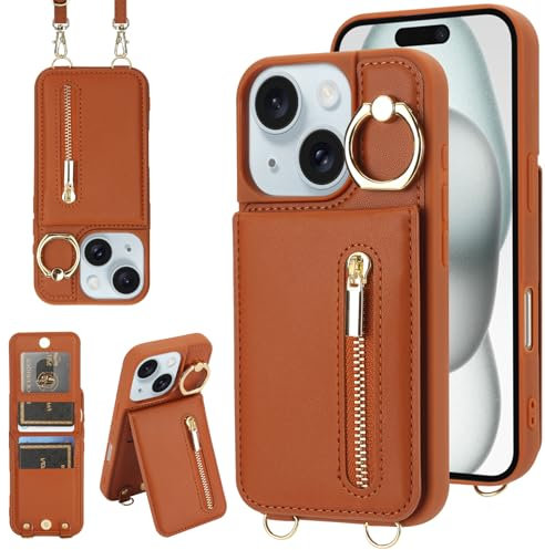 Jcxtrombulous Cover per iPhone 12/12Pro RFID Custodia per telefono con porta carte di credito per Portafoglio cerniera cordino Ring portafoglio donna-Marrone