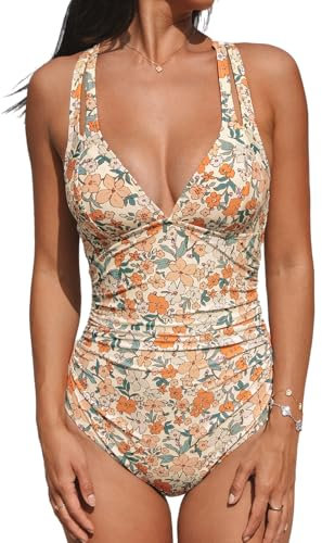 CUPSHE Women Swimming Costume Tummy Control One Piece Swimsuits Deep V Neck Double Straps Crisscross Back Tie Bathing Suits Beige/Floral M