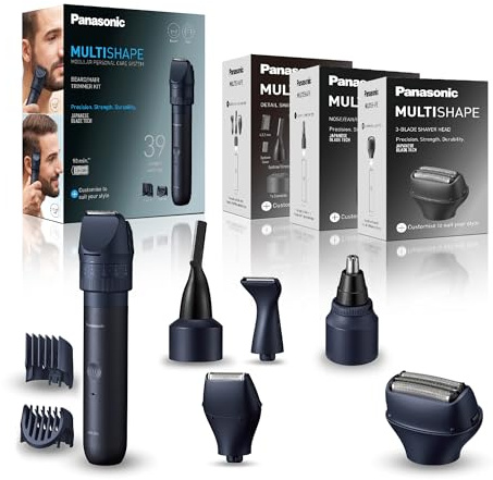 Panasonic MULTISHAPE ER-CKL1, ER-CDT1, ER-CNT1 & ER-CSF1 Set, Tagliacapelli e barba, Accessori per Rasatura, depilazione di naso e orecchie, Testina a 3 lame con batteria agli ioni di litio, Nero