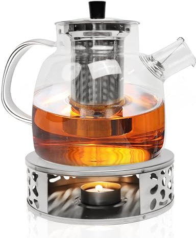 JOLIGAEA Teekanne Mit Sieb Und Stövchen, 1,5 Liter Glas, Teewärmer Edelstahl, Teapot, Glasteebereiter Mit Abnehmbarem Siebeinsatz