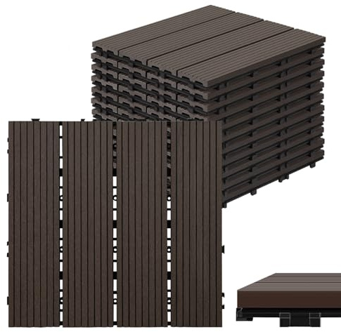 Eulenke WPC Terrassenfliesen 66 Stück, 30x30 cm Terrassendielen für Balkon Boden, Klickfliesen, Balkonfliesen in Holzoptik, Bodenbelag Wetterfest für Terrasse, für 6 m², Kaffeebraun