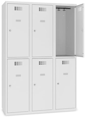 Steinbock Spind 6 Fächer | H180xB120xT50 cm | Lichtgrau | Zylinderschloss mit 2 Schlüsseln | Metallspind inkl. Kleiderstange, Kleiderhaken, Namensschild | Schließfachschrank