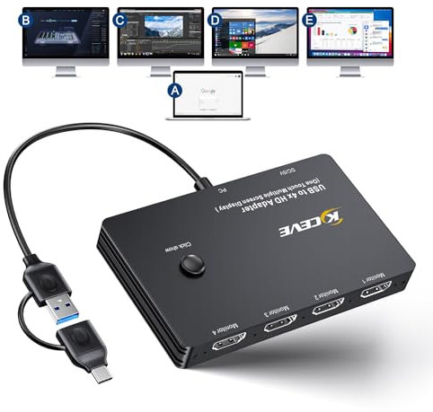 KCEVE Adaptador USB a 4 HDMI, pantalla multimonitor, 5 pantallas separadas, compatible con modo espejo/extensión compatible con Windows, M1/M2 Mac OS, con función de pantalla negra