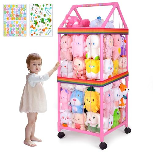 MHJY Stuffed Animals Zoo Storage with Wheels, Soft Toy Storage Cage PVC Cuddly Toy Holder Large Plushies Organiser Shelf with Elastic Band for Kids Room Furniture Bedroom Nursery Decor