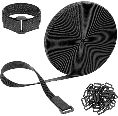 QWORK® 10m x 2cm Klettband mit 10 Schnallen - Flexibel Zuschneidbar Schwarz für Kabelmanagement und Nähen