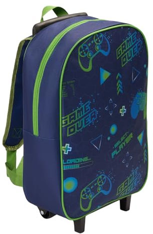OHS Kids Backpack with Wheels Gaming Print Trolley Waterproof Multi-Functional Design Lightweight Boys Backpack for School Holidays Trips, Navy-40x25x20cm