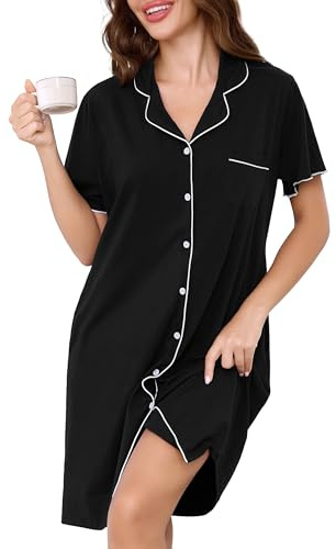 Vlazom Women Nighties Button Down Cotton Nightdress Boyfriend Style Sleepshirt Relaxed Nightshirt Hospital/Maternity/Nursing/Labour Nightgown with Pockets S-3XL