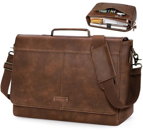 RAINSMORE Vintage Messenger Bag für Herren PU Leder Laptoptasche 15,6 Zoll Wasserdicht Herren Aktentasche Retro Satchel Computer Bag