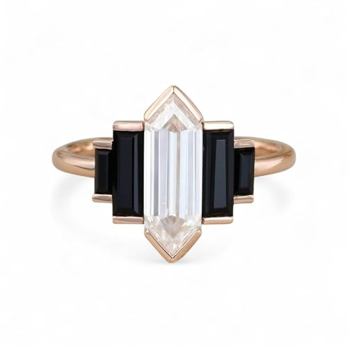 Retro Hexagon Unique Black Onyx Engagement Ring Baguette Moissanite Wedding Bezel Set Art Deco Bridal Promise Ring Matching Antique Jewelry Party Wear Gift For Wife